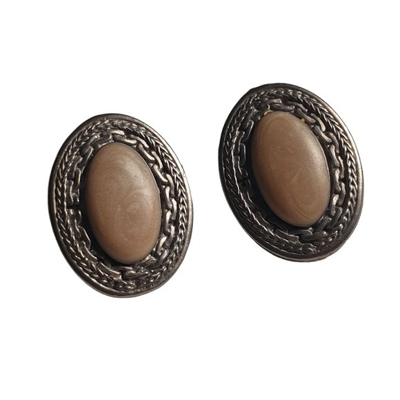 Oval Cabochon Grey Metal Vintage Earrings Womens Jewelry Costume Medium Weight - Picture 5 of 5